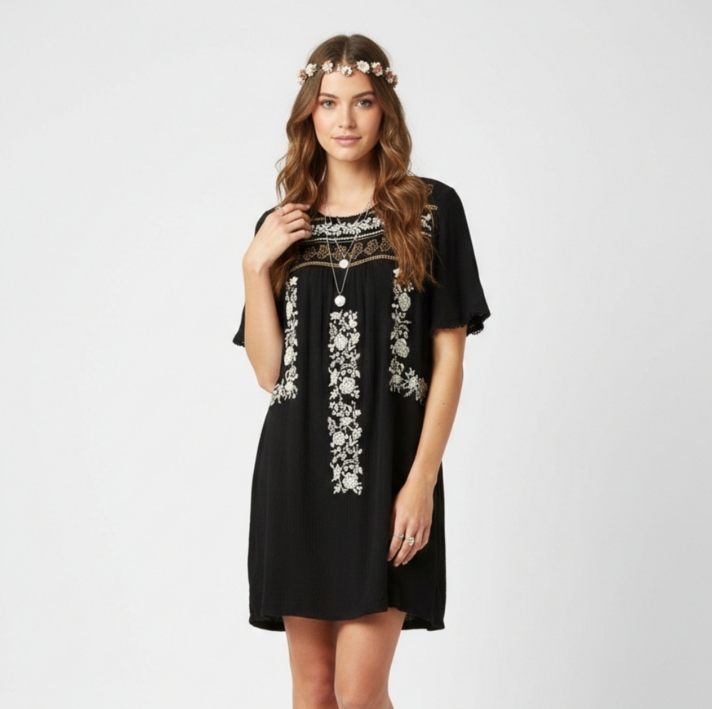 Knox Rose Dress Black Embroidered Boho Festival Hippie Cottage M